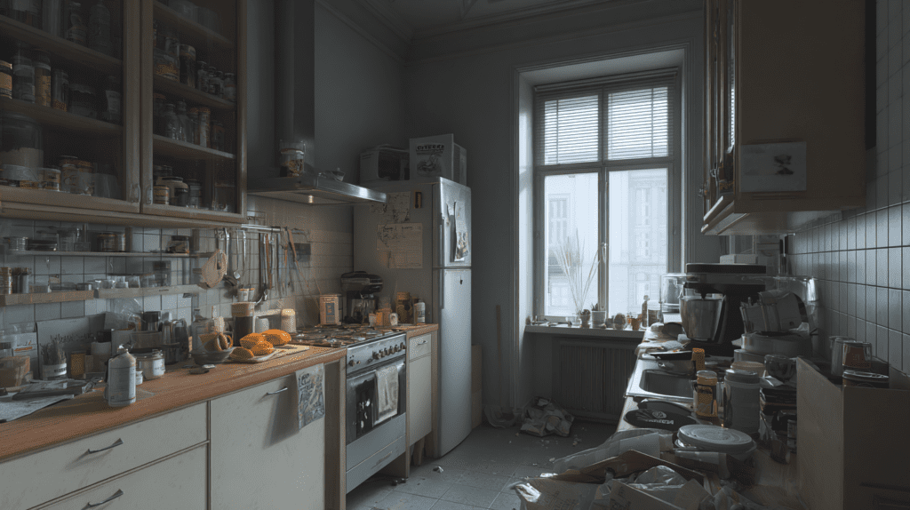 small kitchen in German Altbau apartment with overcrowded countertops blocked workspace and poor lighting