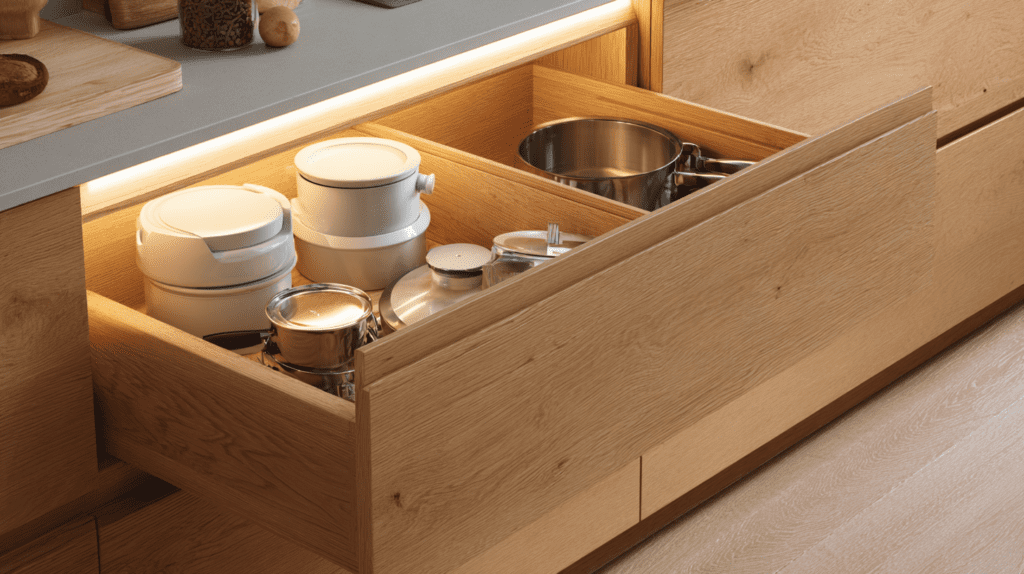 small kitchen deep pull-out base drawer with pots and pans visible and accessible
