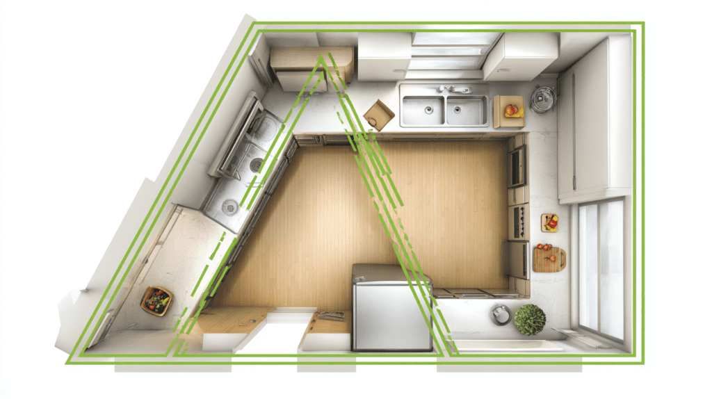 small kitchen work triangle diagram showing three layouts bad compressed inverted and efficient balanced