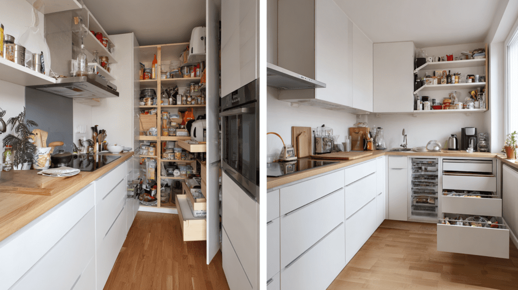 small kitchen storage before and after showing cluttered countertop versus integrated drawers and ceiling height cabinets