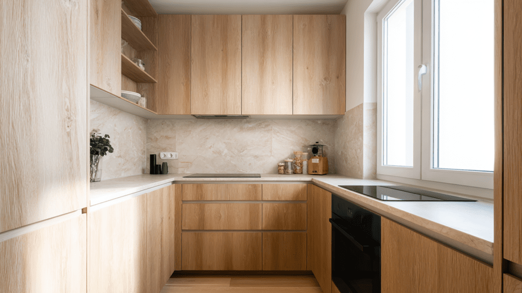 small kitchen with material continuity showing matching stone countertop and backsplash with oak cabinets floor to ceiling