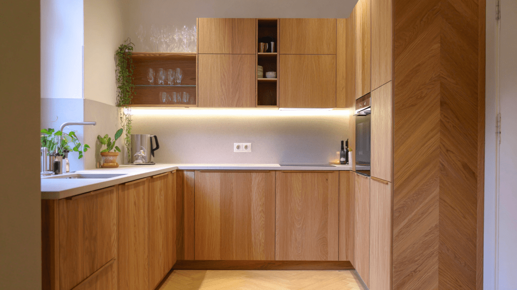 small kitchen renovation result in German Altbau with ceiling height oak cabinets stone countertop handleless fronts and under-cabinet lighting