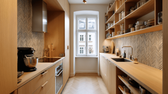 small kitchen in Berlin Altbau apartment with oak shelving integrated appliances and herringbone tile backsplash