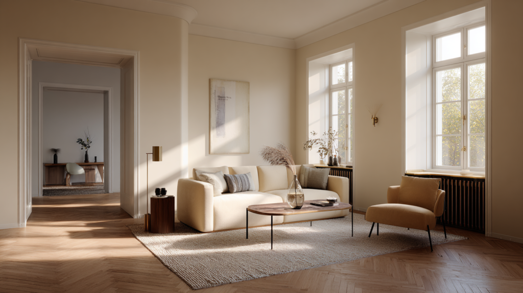 Living room with all furniture pushed against the walls creating an awkward empty centre