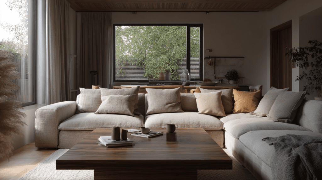 Sofa floated 30–45 cm from the wall creating layered depth and a more spacious feeling