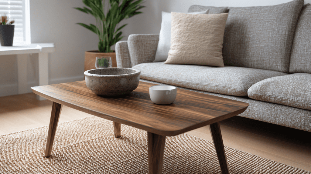 Coffee table positioned 35–45 cm from sofa with clear walkable pathways on each side
