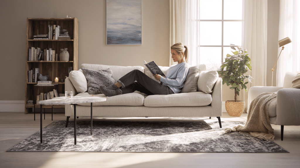 Person relaxed in a well-proportioned living room with floating furniture and a correctly sized rug