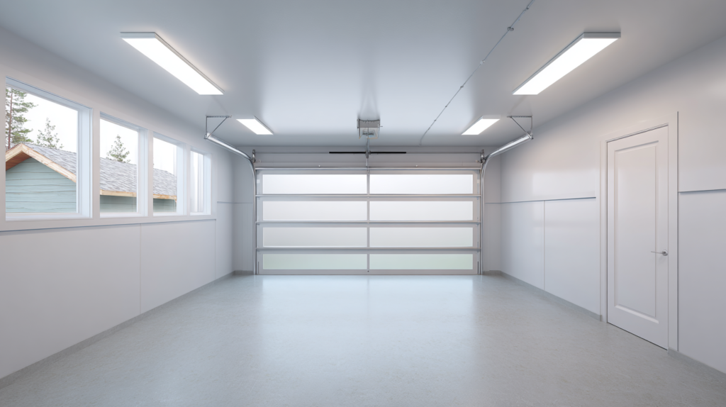 garage conversion blank canvas with smooth floor white walls and glazed panel