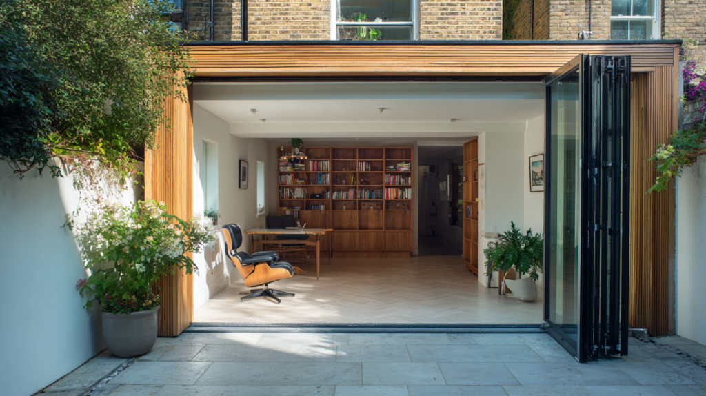garage conversion with large glazed bifold door opening to terrace flooding interior with light