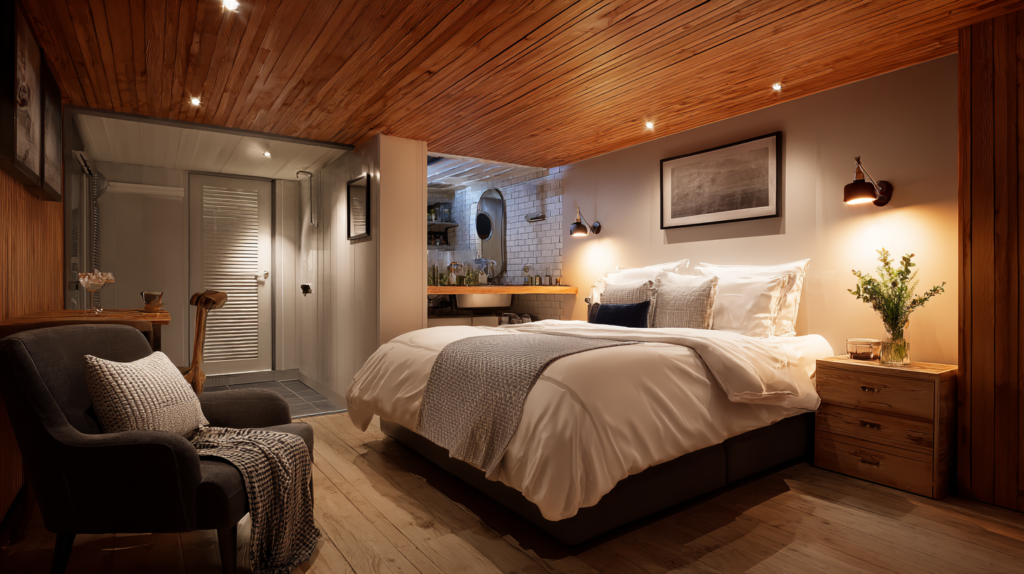 garage conversion guest suite with double bed white linen wooden ceiling and boutique hotel feel