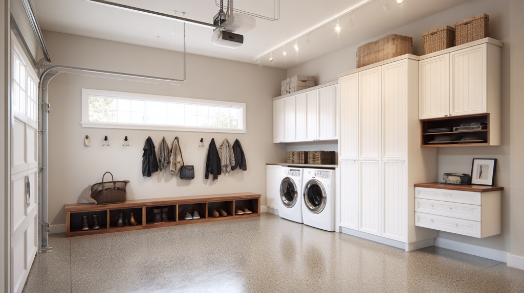 **WordPress Alt Text:** garage conversion utility room mudroom with coat hooks boot bench and laundry area