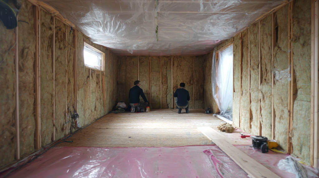 garage conversion preparation showing insulation stud wall damp proof membrane and consumer unit