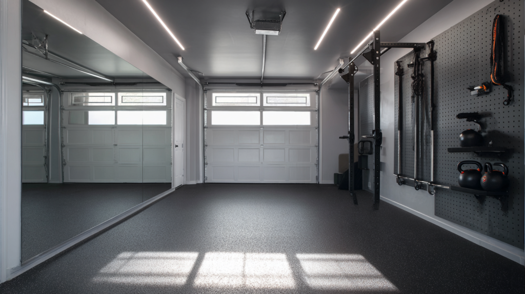 garage converted to home gym with rubber floor full-length mirror LED lighting and wall-mounted equipment