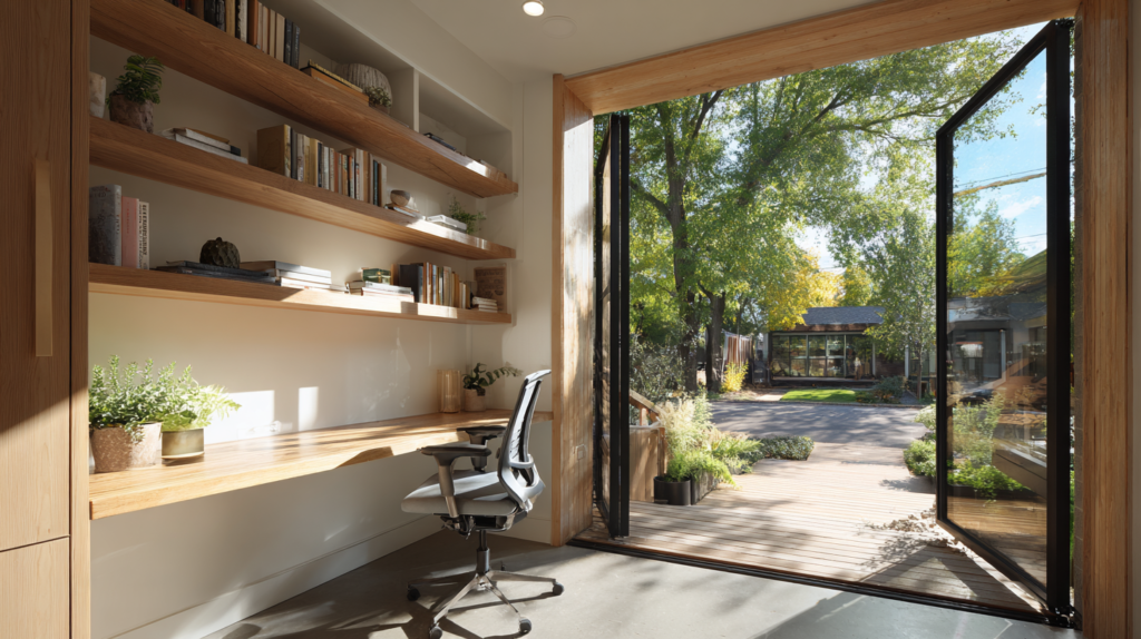 detached garage home office conversion with bifold glazed doors oak desk and polished concrete floor