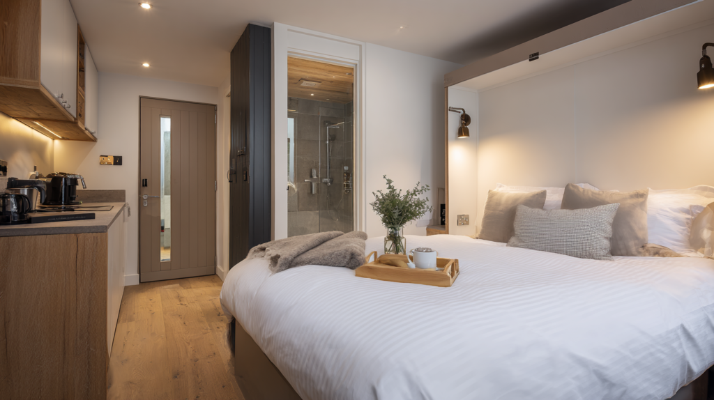 garage converted to self-contained guest suite with Murphy bed kitchenette and wetroom