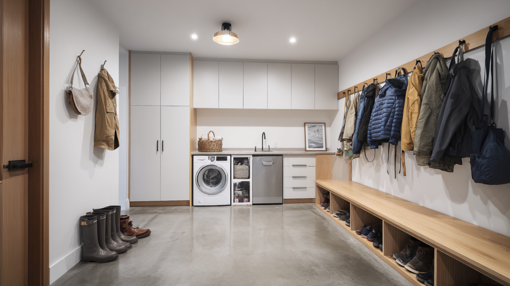 garage converted to utility room and mudroom with coat hooks boot bench laundry cabinets and utility sink