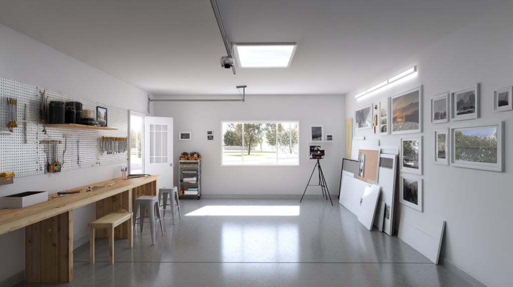 garage converted to creative photography studio with skylight workbench pegboard storage and polished concrete