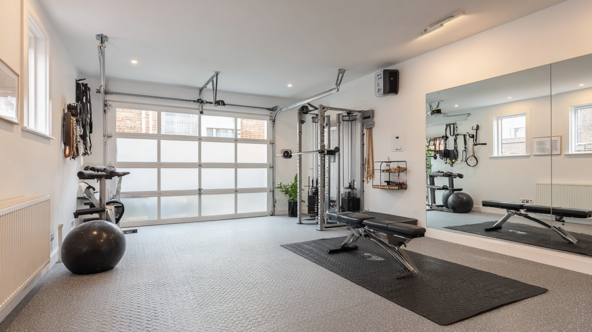 garage conversion into home gym with white walls rubber flooring and frosted glass door