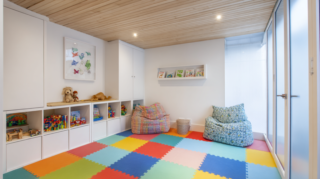 garage converted to children's playroom with rubber floor tiles toy storage acoustic ceiling and reading corner