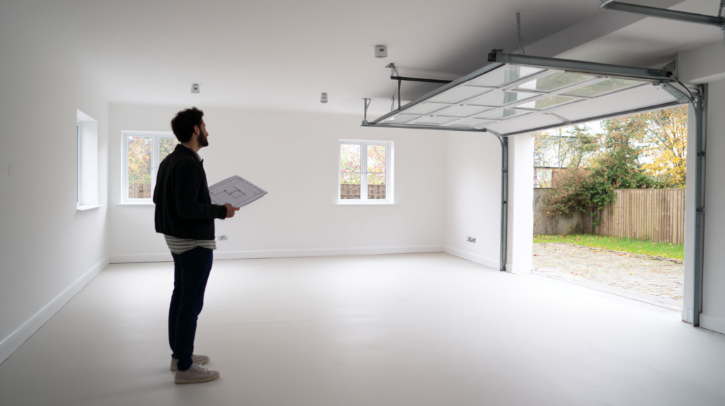 homeowner in empty converted garage space planning the layout with floor plan sketch