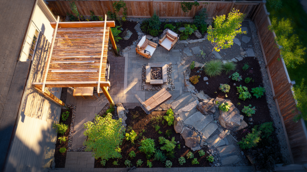 garden layout from above showing dining zone lounge corner and planting dividers