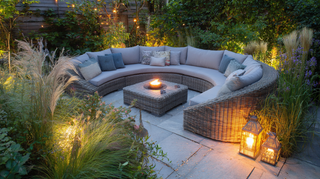 outdoor lounge corner with curved sofa fire bowl and ornamental grass hedge