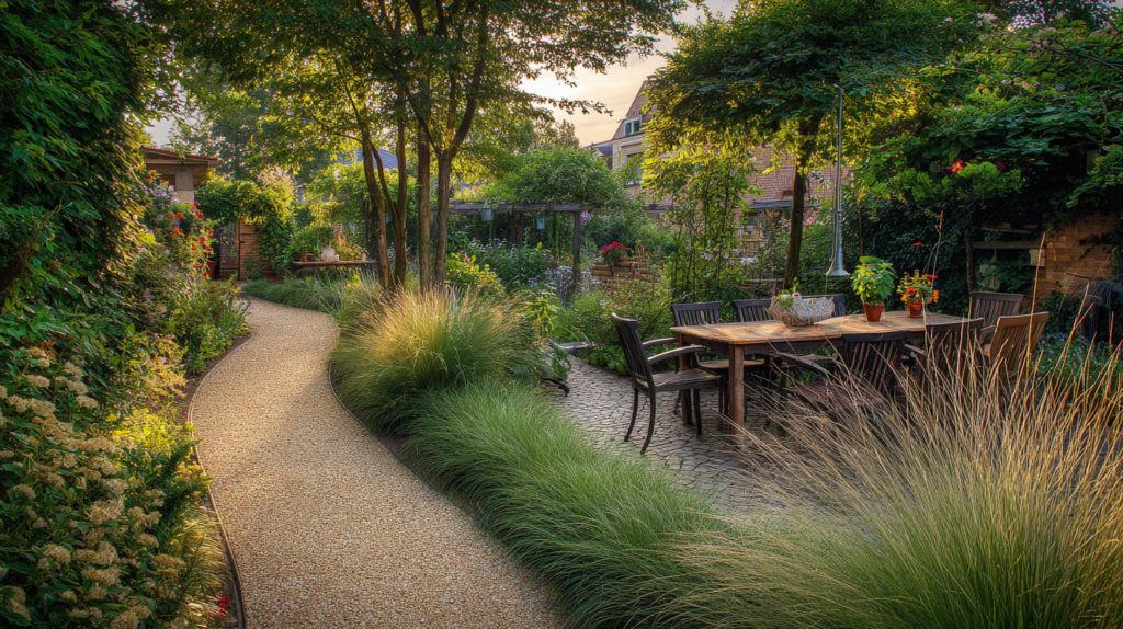 garden path between zones with ornamental grasses and perennial planting