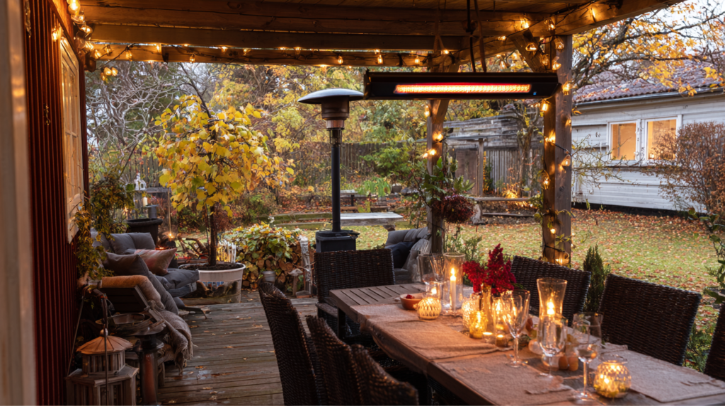 garden dining zone in autumn with pergola heater and string lights still in use