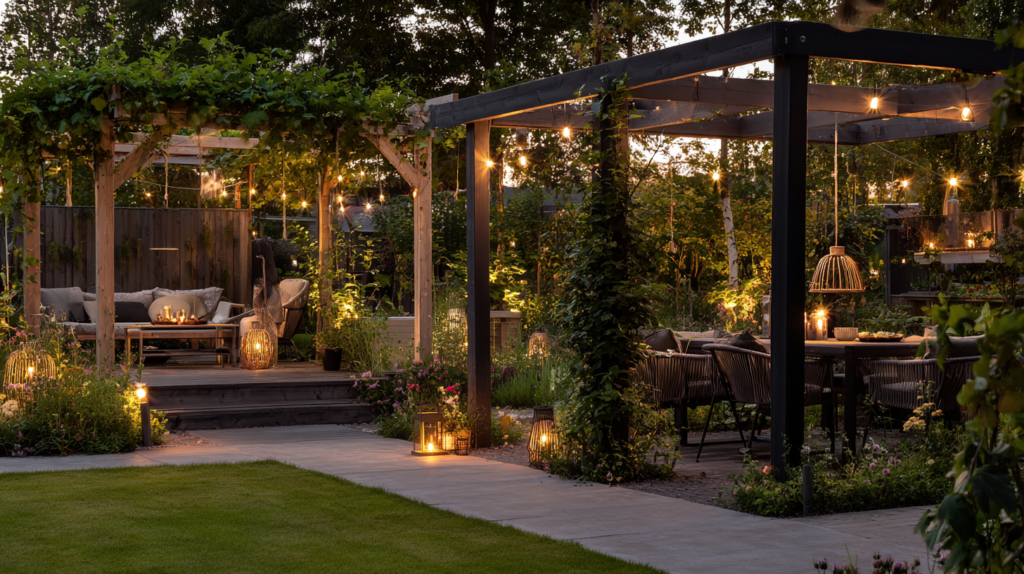 complete zoned Scandinavian garden in evening with all three outdoor rooms lit and inviting