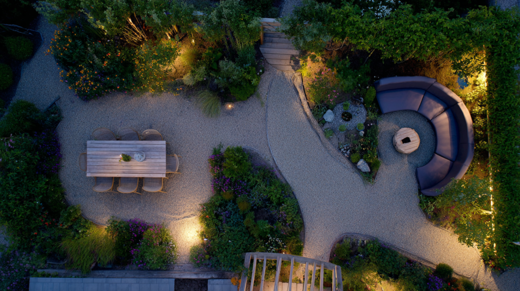Here’s what a well-zoned garden looks like from above — dining zone with pergola, lounge corner, planted dividers, gravel path. This is the floor plan logic that transforms an open lawn into a collection of outdoor rooms.