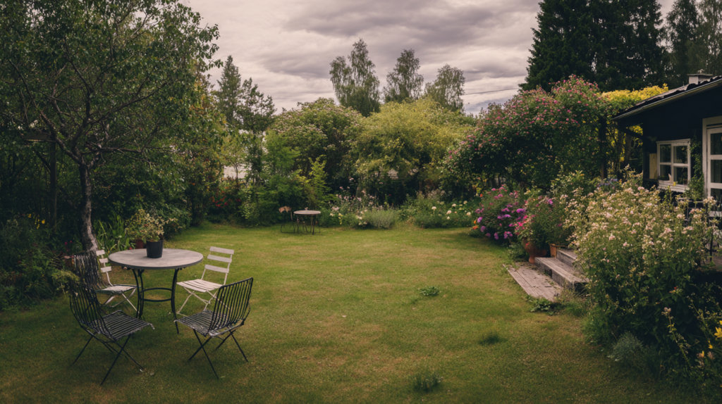 unplanned garden with furniture scattered and no defined outdoor rooms
