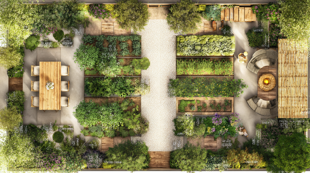 garden zoning plan showing dining zone lounge zone and green planted zone from above