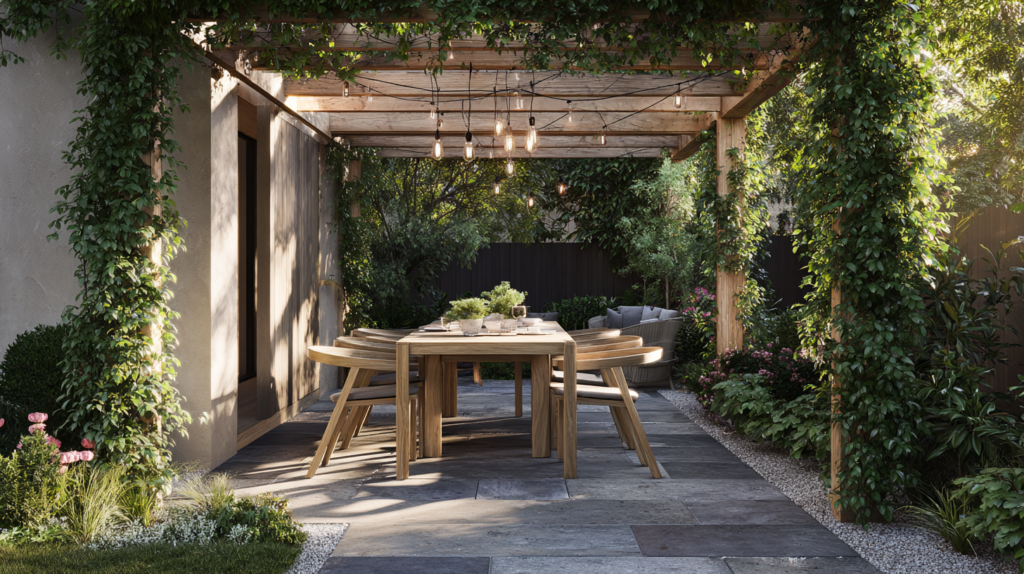 garden dining zone with oak table under timber pergola and climbing plants