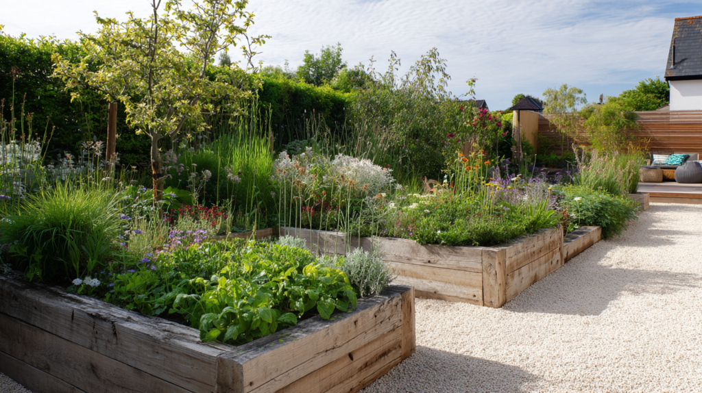garden green zone with raised vegetable beds ornamental grasses and hedge boundary