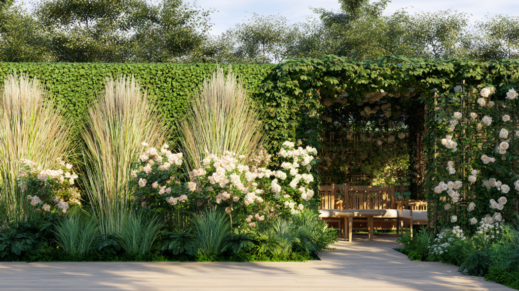 garden natural dividers showing clipped hedge ornamental grasses and planted trellis