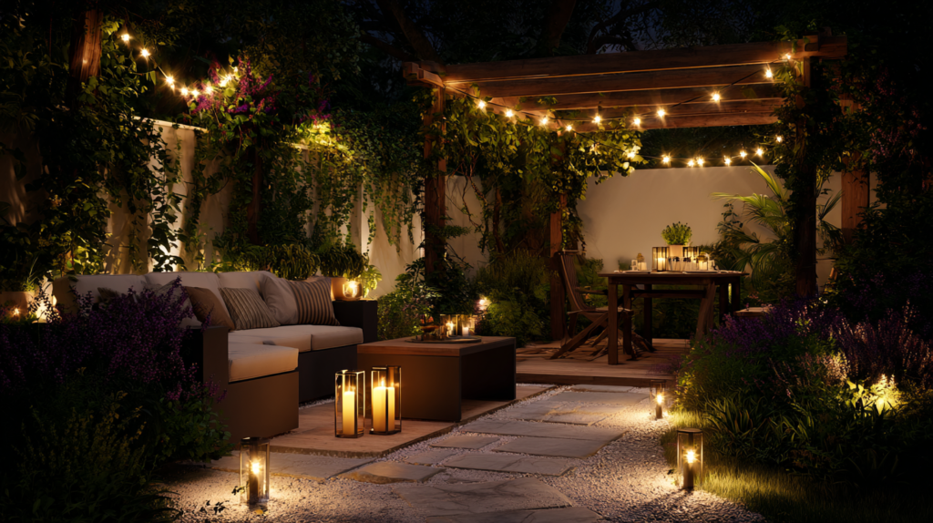 garden at night showing three levels of outdoor lighting pathway markers lanterns and pergola string lights