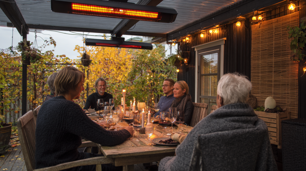> **WordPress Alt Text:** Baltic garden dining zone in October with overhead heater solid pergola roof and trellis windbreak panels
>