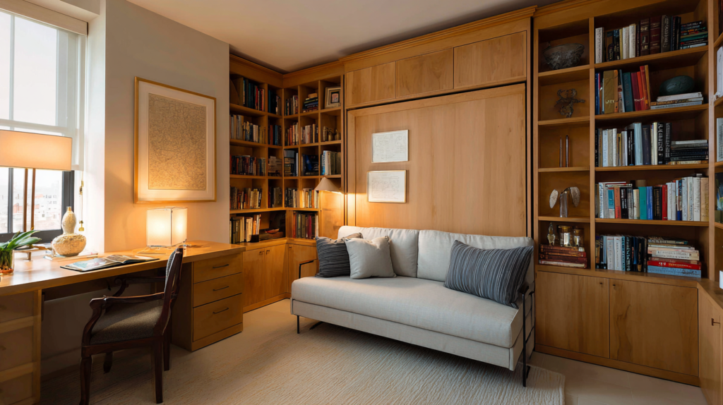 guest room with Murphy wall bed closed showing desk and shelving home office setup