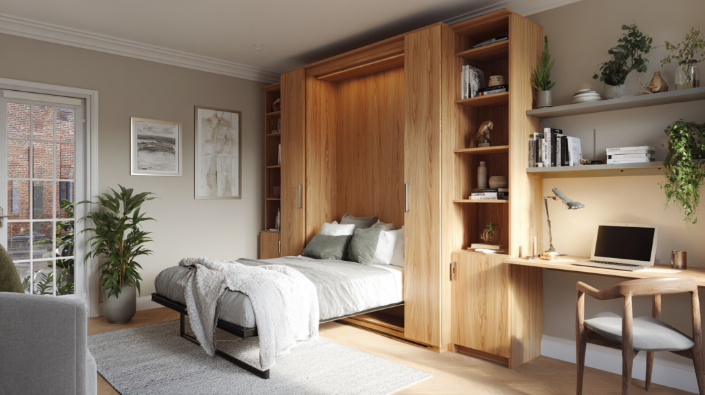 guest room home office with built-in Murphy bed integrated desk and oak shelving