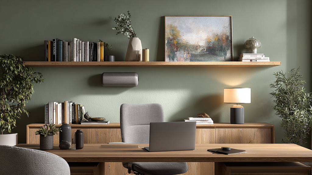 guest room home office video call background wall with sage green shelves and warm lighting