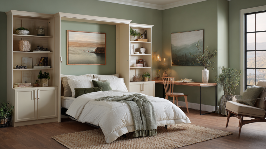 guest room home office with wall bed open showing hotel-quality bed in sage green room