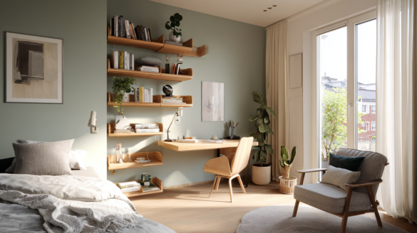 guest room that doubles as home office with Murphy bed and desk in sage green room