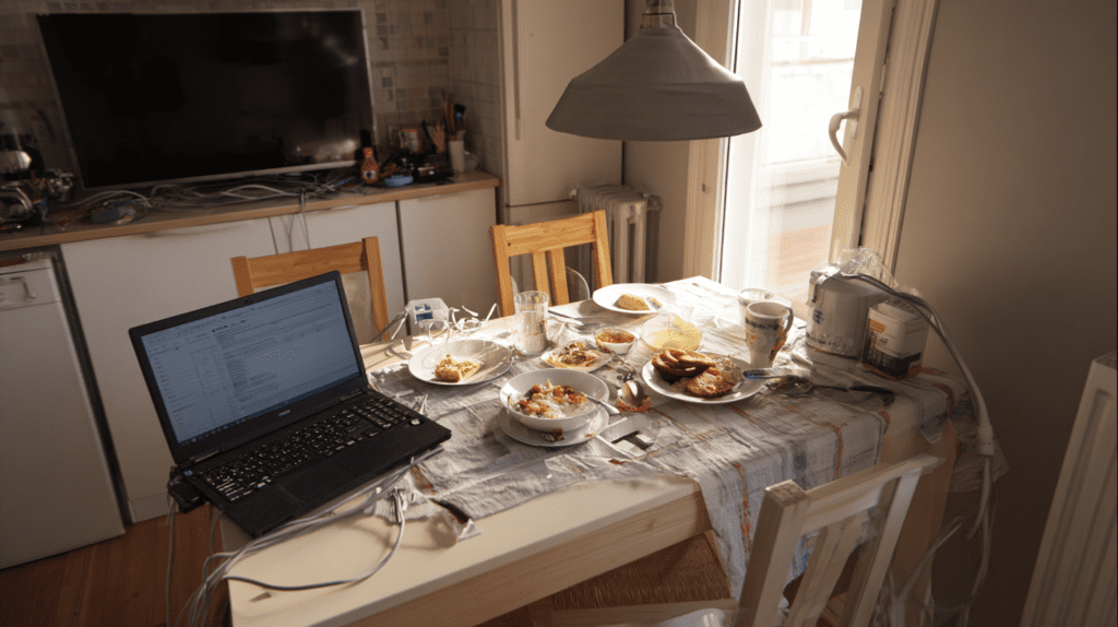 kitchen table used as home office in Polish blok apartment with laptop dishes and tangled cables