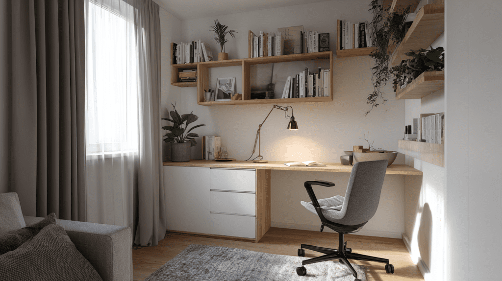 home office zone defined by rug and desk lamp in Polish apartment with oak desk and floating shelves