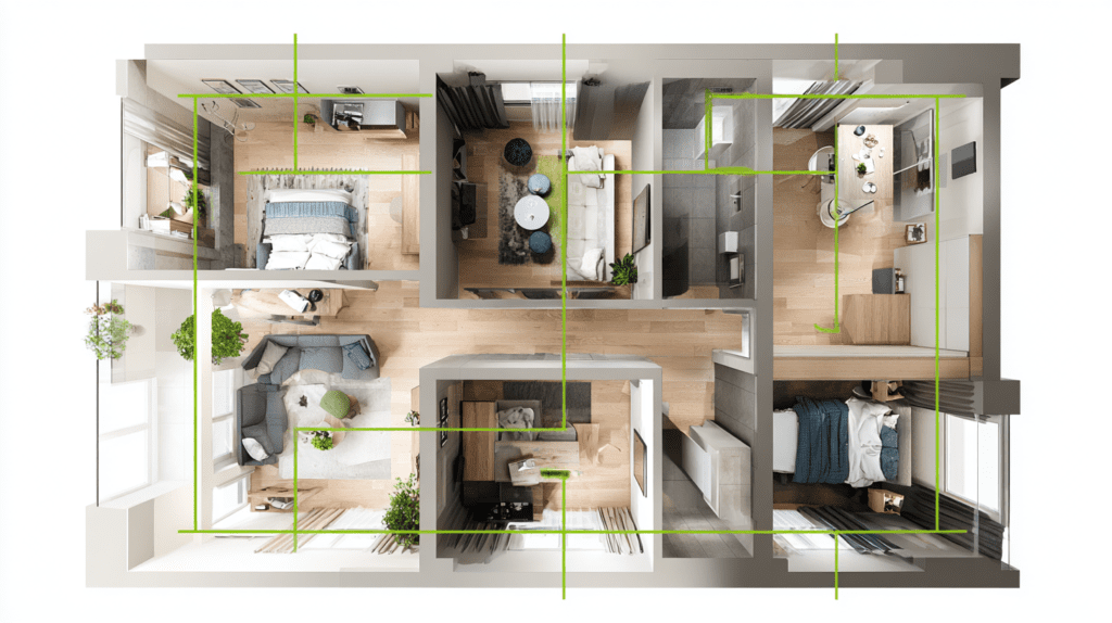 home office location options in a 60m² Polish apartment floor plan showing four corner positions