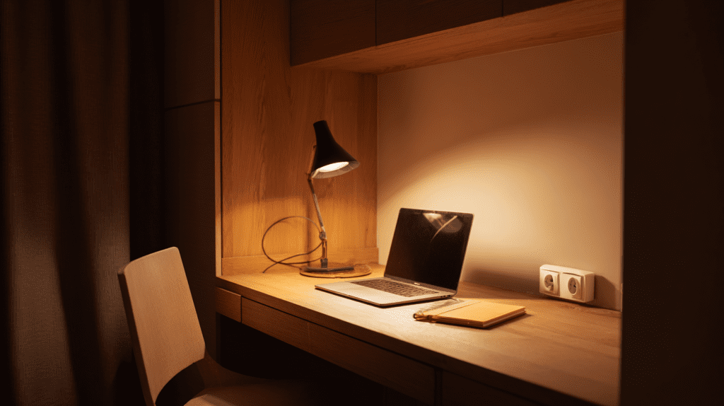 home office corner in Warsaw apartment at dusk with warm desk lamp creating distinct work zone