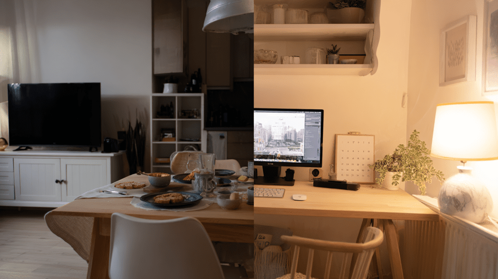 home office video call background comparison kitchen table versus styled desk corner in Polish apartment