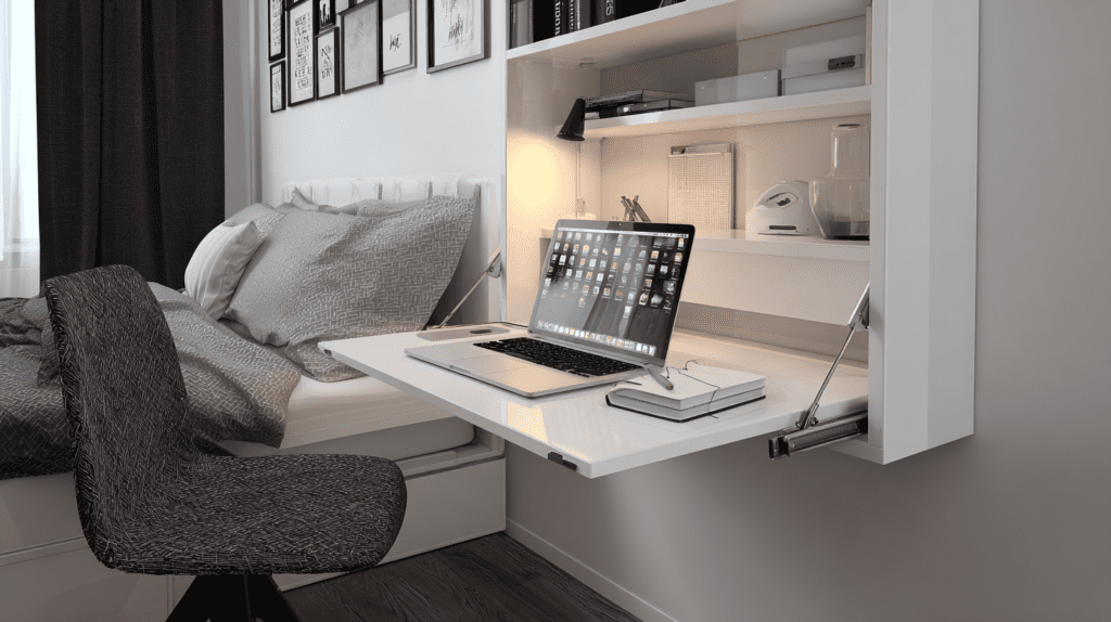 wall-mounted fold-down home office desk in small Warsaw apartment bedroom with ergonomic chair and lamp
