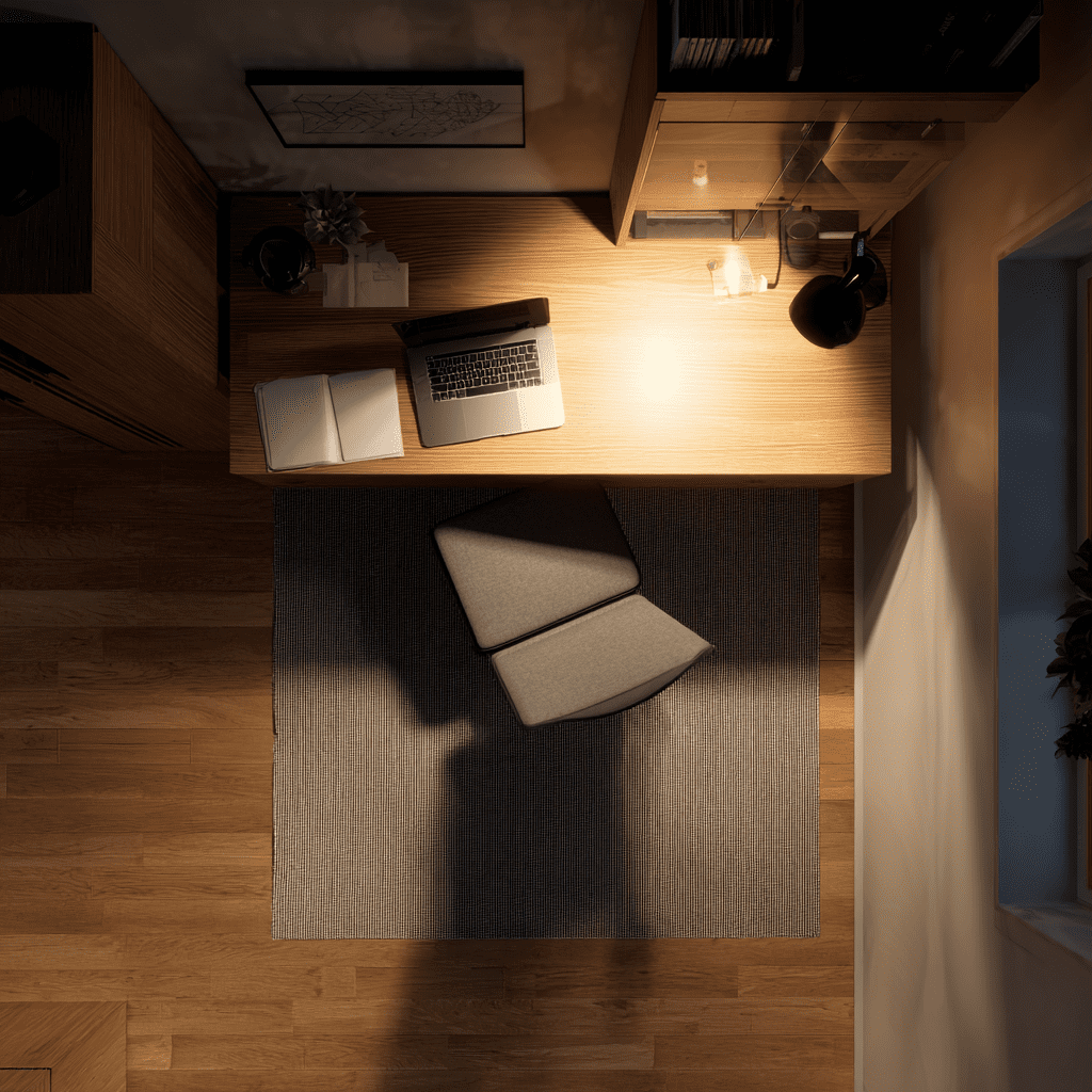 overhead view of home office corner in Polish apartment with laptop closed lamp off and chair pushed in at end of working day