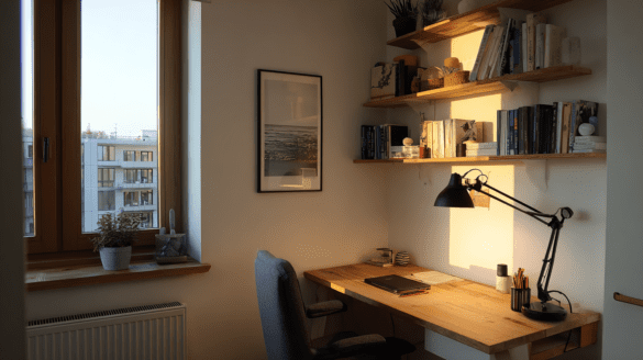 home office corner in Warsaw blok apartment with oak desk warm lamp and floating shelves
